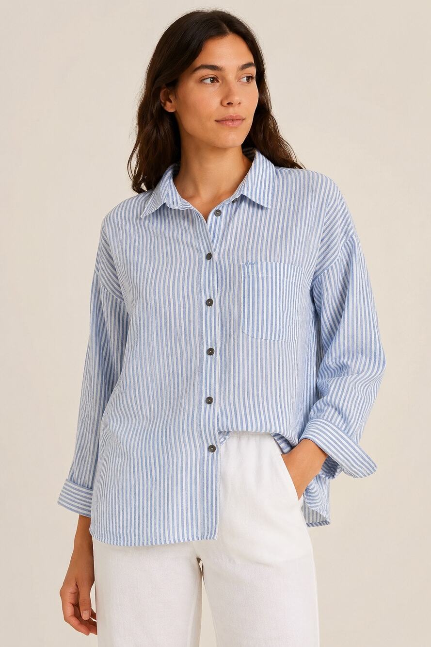Charo Ruiz Striped Shirt Linen Blend Blue White Medium